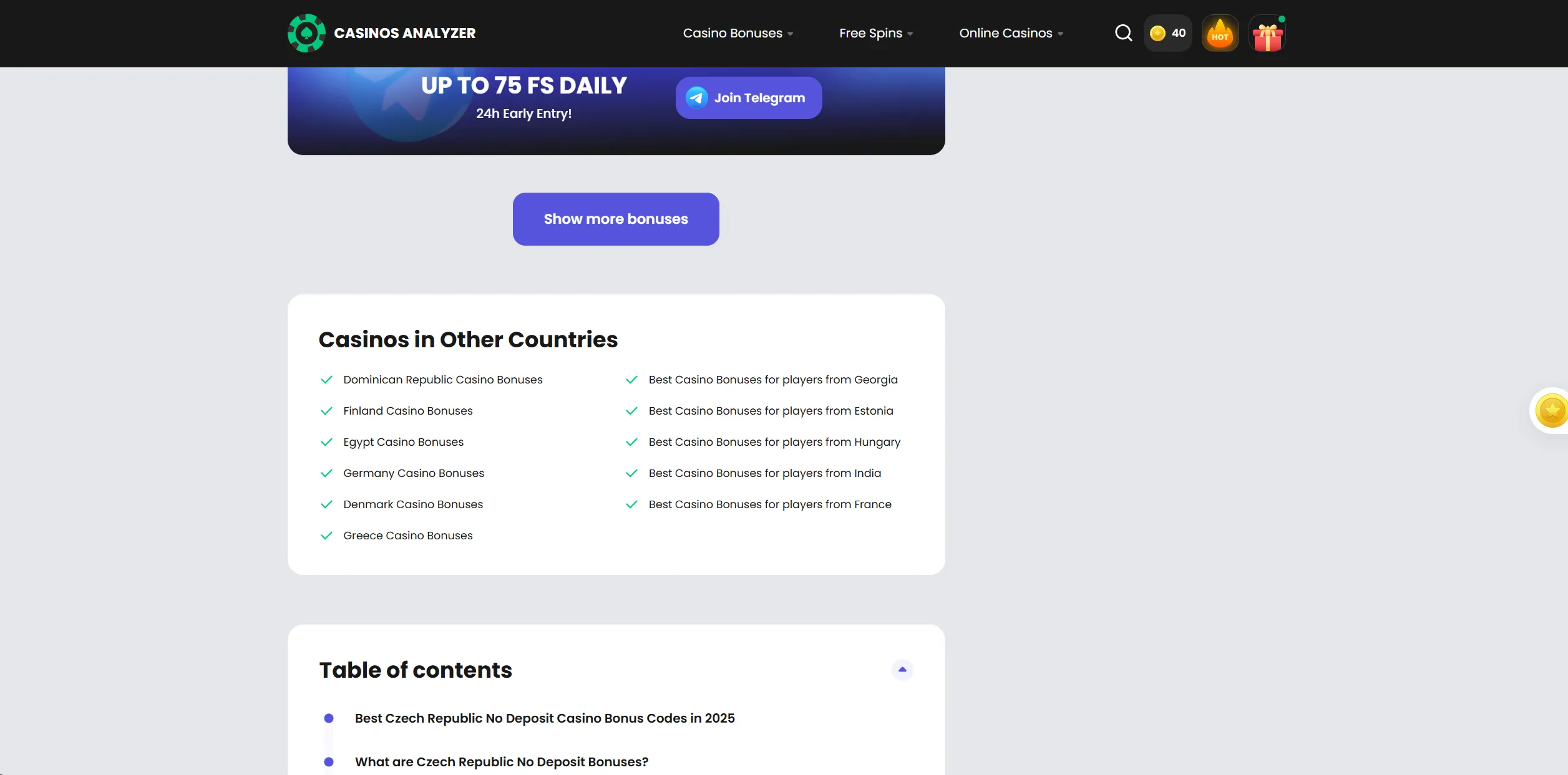 Screenshot of Casinosanalyzer.com - Casino No Deposit Bonus Czech Republic ✔️ Czechia Free Spins Codes for Mobile Gambling